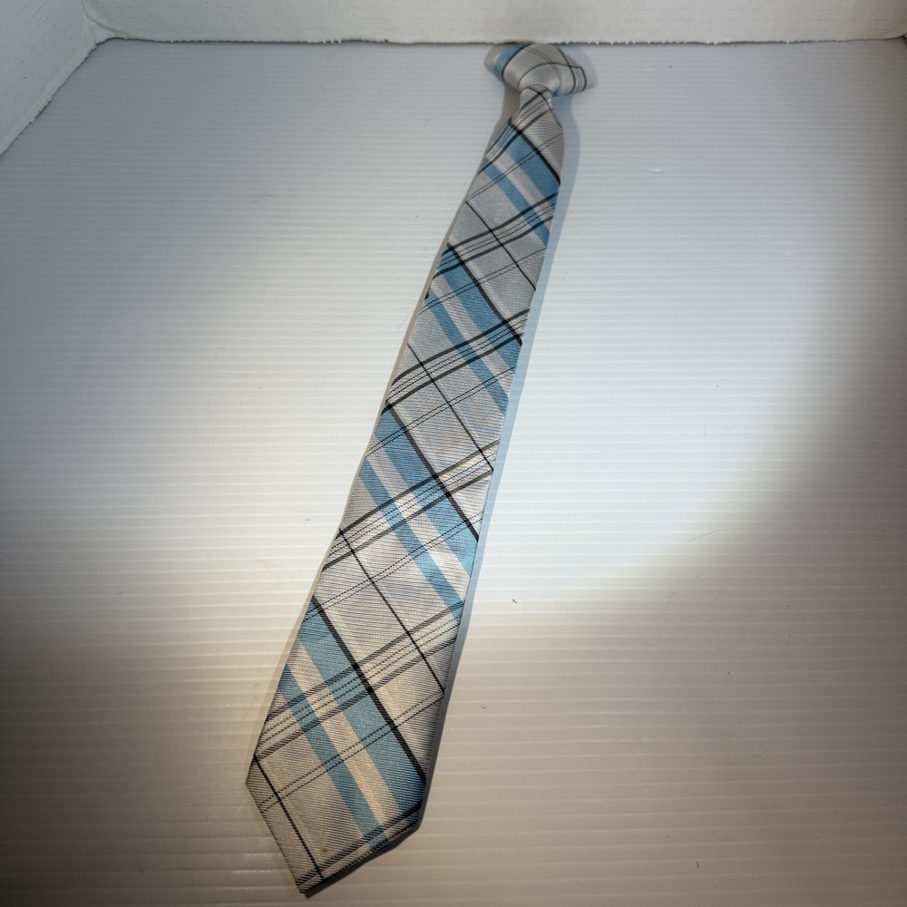 Collection By Michael Strahan Clip-On Tie Boys Blue White Grey Plaid 17 in Long